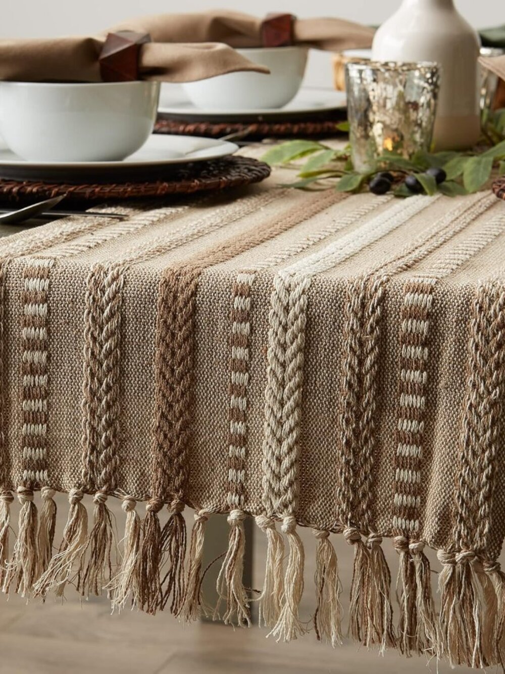 Farmhouse Braided Stripe Table Runner Collection, 15x72 15x77, Fringe Included, - Picture 2 of 11
